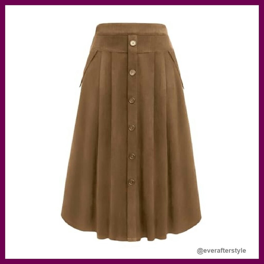 Vintage Corduroy Skirt High Waist Pleated A-Line Midi with Pockets Fall Winter - Picture 7 of 8